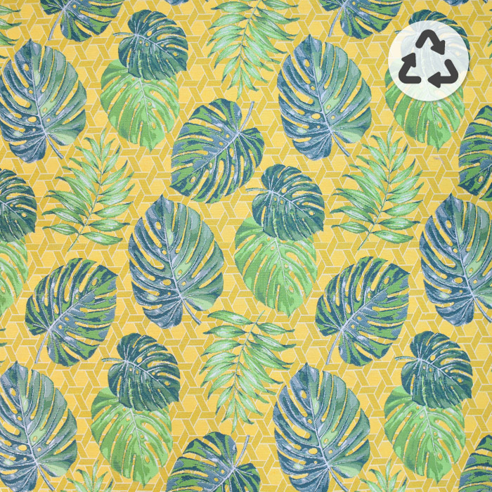 Recycelter Dekostoff, Jacquard, tropisch, 21299, gelb-grün
