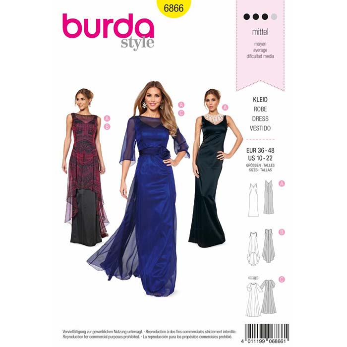 Kroj Burda, elegantna dolga obleka, 6866