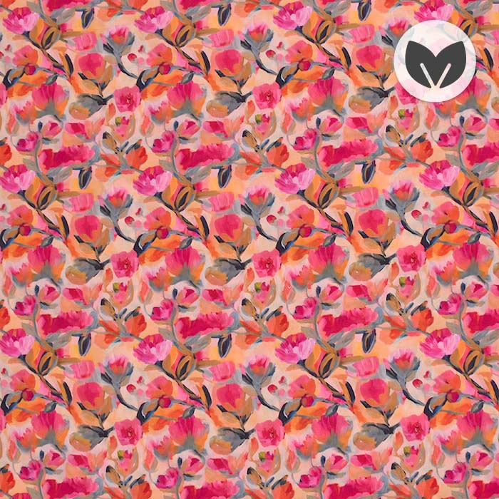 Gewebe, Viskose, digital, floral, 29199-002, orange-rosa