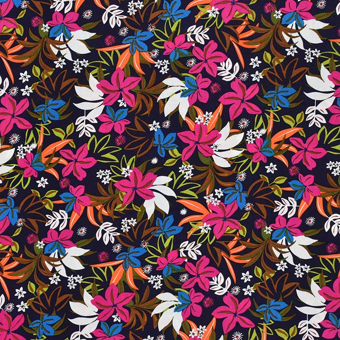 Gewebe, Viskose, floral, 29895-01, blau-rosa