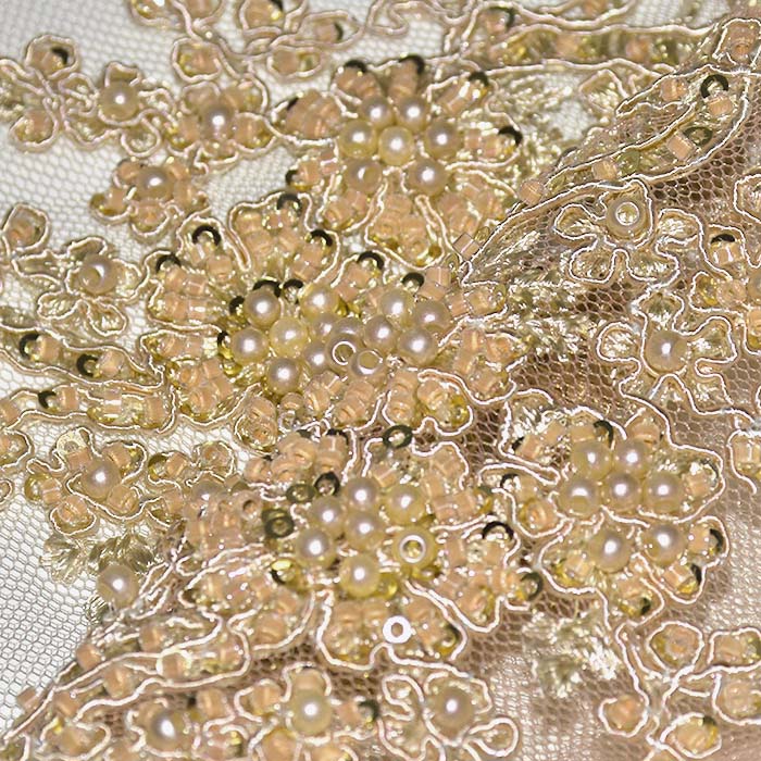 Spitze mit Perlen, floral, 29560-207, gelb-beige